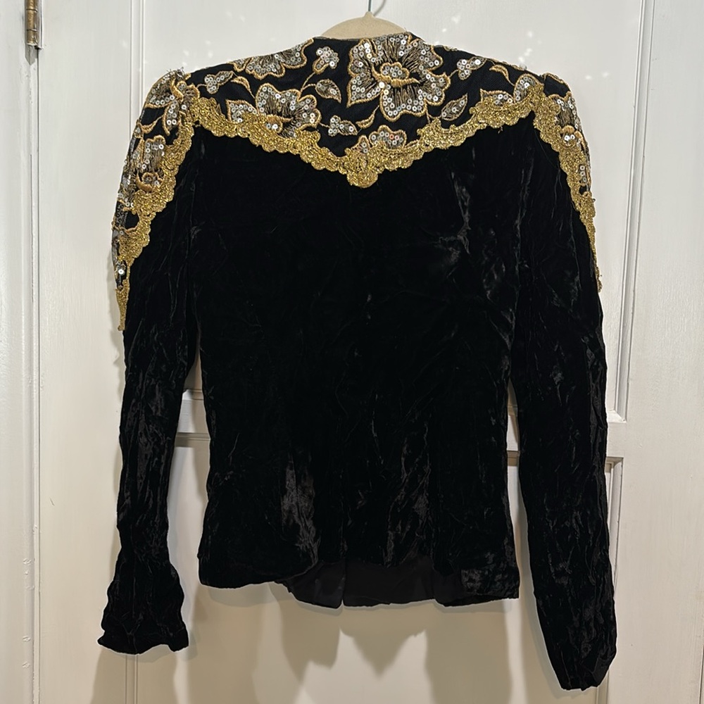 JESSICA MCCLINTOCK Vintage Black Velvet Sequin appliqué Jacket - Picture 5 of 8